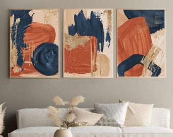 Printed and Shipped | Terracotta Navy Blue Beige Gold Art 3 Piece Wall Art | Abstract Art Set of 3 Boho Prints Oil Painting Contemporary Art