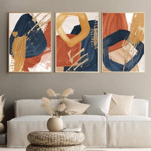 Set Of Three Oil Painting 3 Piece Wall Art Navy Blue Mustard Terracotta Printable Poster Abstract Art Print Digital Download Trendy Wall Art