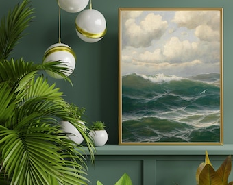 Vintage Kunstdruck auf Sturm, dramatische Küstenlandschaft