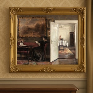 Vintage Danish Interior Art Print – Woman Reading in Elegant Room by Carl Holsøe, Cozy Classic Wall Decor for Book Lovers & Art Collectors