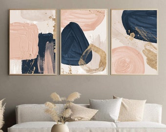 Blush Pink & Navy Blue Abstract Art Prints: Set of 3, Boho Wall Decor