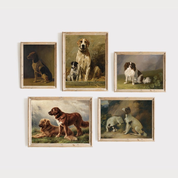Set of 5 Prints | Vintage Gallery Wall Art | Antique Dogs Painting | Rustic Moody Animal Artwork | Digital Download | Printable Wall Art