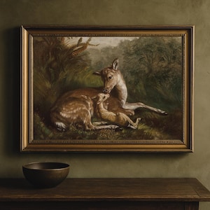 Vintage Deer and Fawn Painting: Woodland Nursery Art (Digital Download)