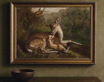 Vintage Deer and Fawn Painting: Woodland Nursery Art (Digital Download)