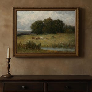 Vintage Cows Landscape Painting: Antique Farmhouse Art (Digital Download)