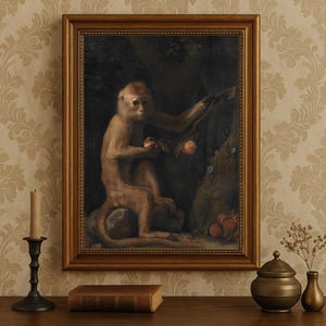 Lámina artística vintage de mono: pintura del siglo XVIII de un mono con fruta, arte mural de animales exóticos, decoración botánica oscura de la selva. Descarga.
