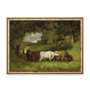 Vintage Landscape Painting | Antique Country Landscape | Farmhouse Decor | Moody Rustic Cows Print | Digital Download | Printable Wall Art