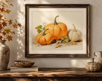 Vintage Botanical Pumpkin Print, Autumn Harvest Wall Art, Farmhouse Fall Decor (Digital Download)