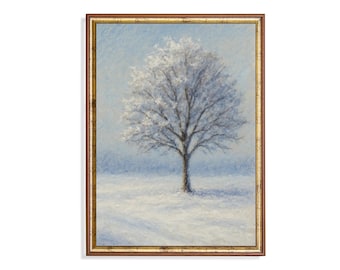 Solitary Winter Tree Print, Impressionist Snow Landscape, Minimalist Scandinavian Wall Art (Digital Download)