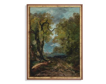 Vintage Forest Landscape Painting: Rustic Farmhouse Art Print