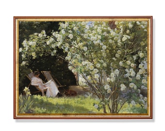Mailed Print | Vintage Painting | Lady Seated and reading in the deckchair in the garden | Antique Oil Painting | Print and Ship | Fine Art