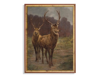 Vintage Deer Painting: Moody Rustic Farmhouse Art Print