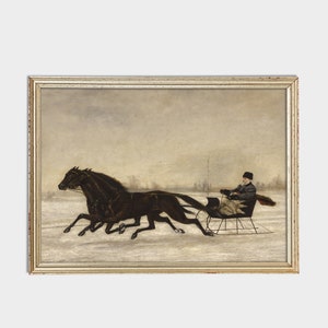May include: An antique framed painting depicts a winter scene with two dark horses pulling a sleigh through a snowy landscape. A person in a hat and coat is seated in the sleigh. The painting has a gold-colored frame.