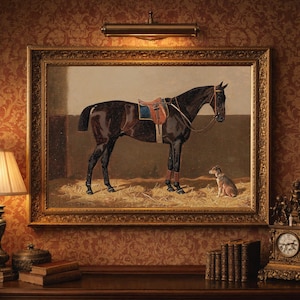 Vintage Horse and Dog Print: 1894 Equestrian Stable Scene
