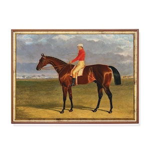 Vintage Racehorse Art Print – 1830s Equestrian Painting with Jockey in Red, Antique Horse Racing Wall Decor for Country Interiors