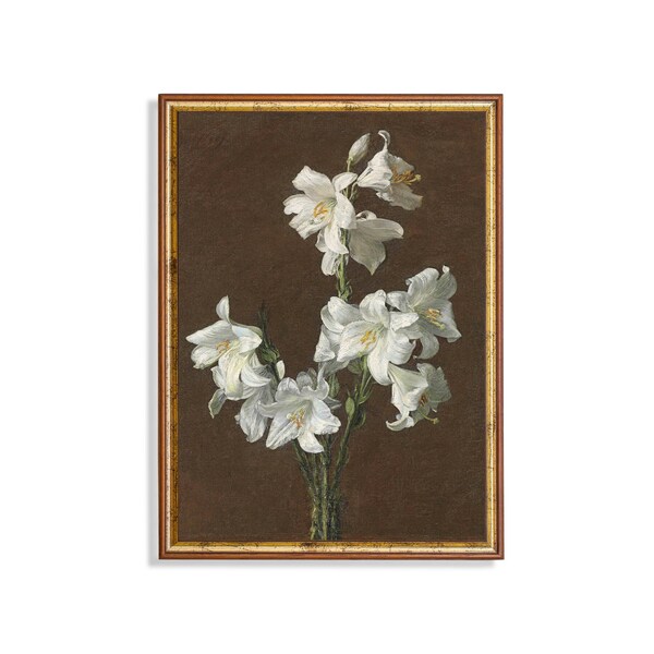 Vintage Still Life with White Lilies | Antique Floral Painting | Digital Download | Rustic Flower Print | Farmhouse Decor | Printable Art