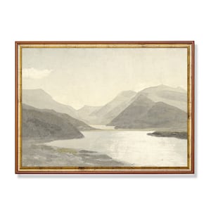 Vintage Mountain Lake Watercolor Art Print: Rustic Minimalist Landscape (Digital Download