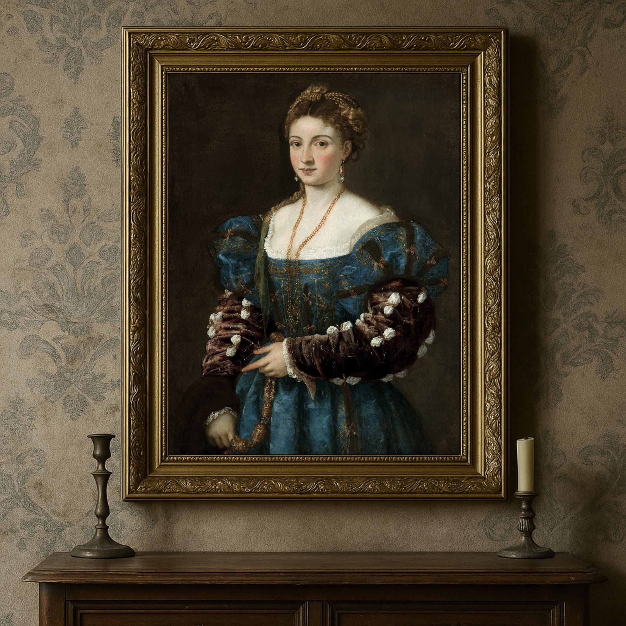 ルネサンス時代の貴婦人の肖像画版画：16世紀の青い衣装をまとった