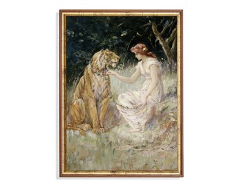 Lady and the Tiger Vintage Art Print: Antique Portrait (Mailed Print)