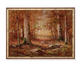 Autumn Woodland Print, Fall Forest Landscape, Impressionist Autumn Wall Art, Cozy Nature Decor, Rustic Cabin Printable, Digital Download
