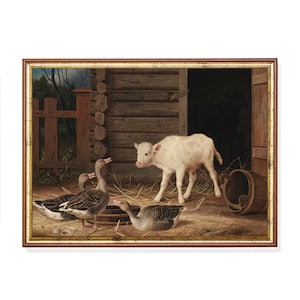Vintage Farm Animal Print: Cow and Geese Painting (Mailed Print)