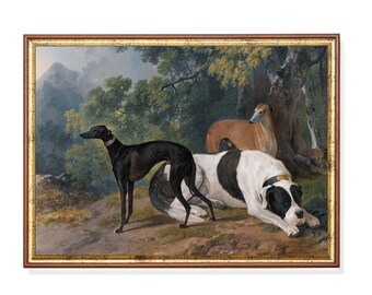 May include: An antique framed painting depicts four dogs in a forest setting. A black dog stands, a brown dog and a black and white dog are lying down. The painting has a gold-colored frame.