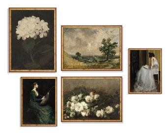 Conjunto de arte mural de galería vintage: láminas antiguas de flores y retratos (descarga digital, conjunto de 5)