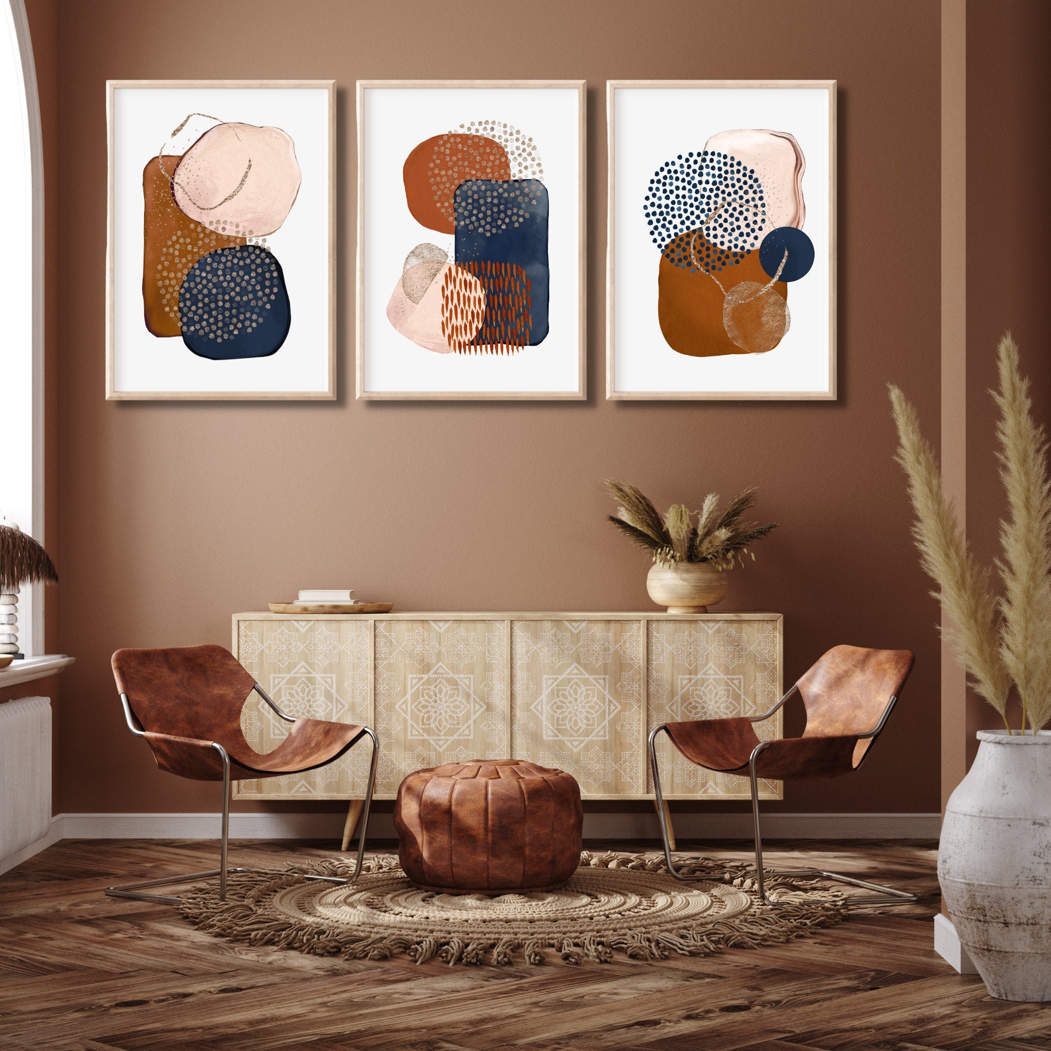3 Piece Wall Art Burnt Orange Terracotta Navy Blue Blush Pink Etsy