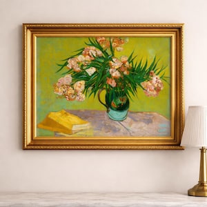 Impresión de adelfas de Van Gogh: bodegón floral vintage con libro