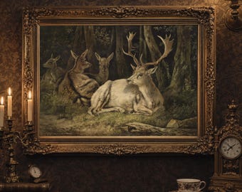 Vintage Deer Painting: Rustic Animal Oil Print (Mailed Print)