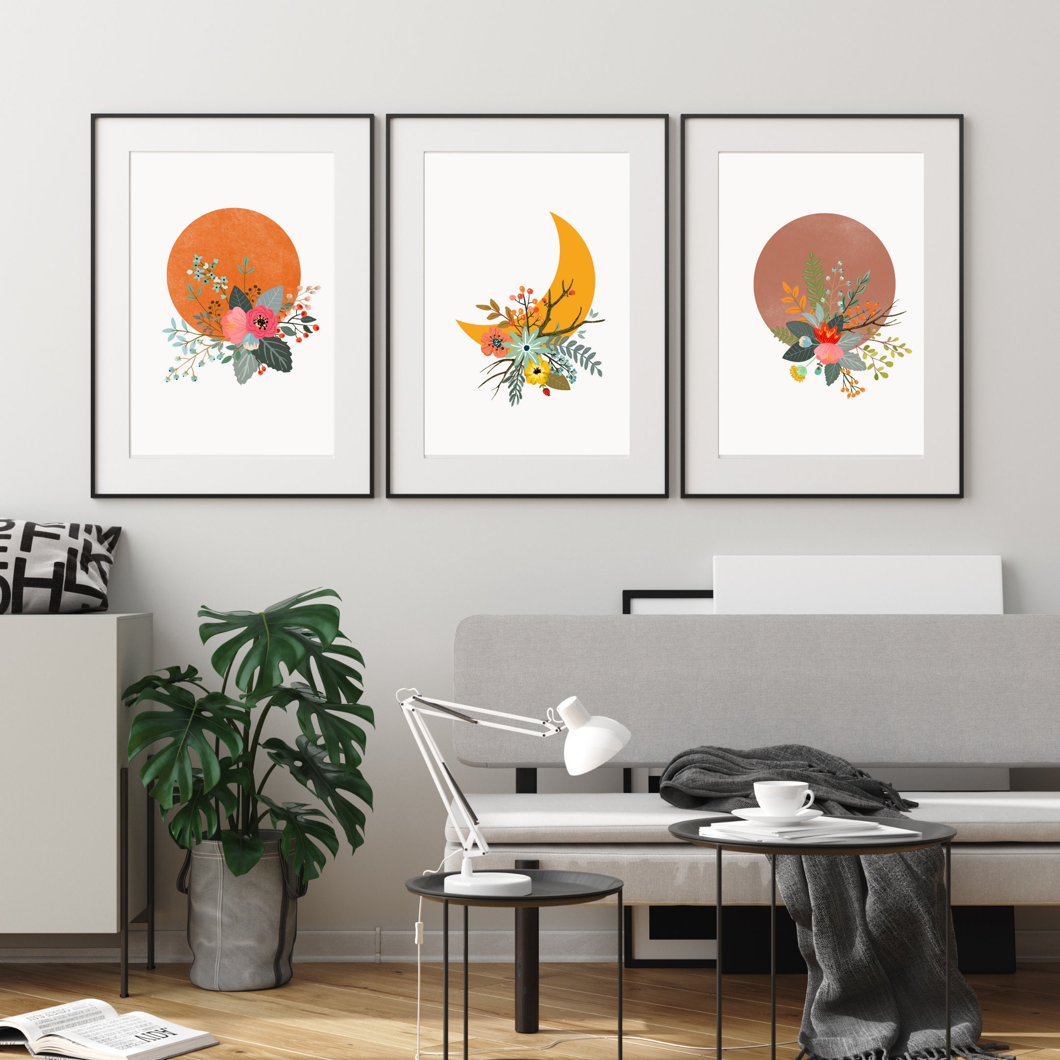 Gallery Wall Set 3 Piece Wall Art Sun Moon Poster Floral Decor Etsy