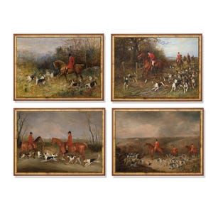May include: Set of four framed paintings depicting fox hunting scenes. Each painting features riders in red coats on horseback, accompanied by hounds, in a rural landscape with trees and fields. The frames are gold.