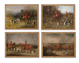 May include: Set of four framed paintings depicting fox hunting scenes. Each painting features riders in red coats on horseback, accompanied by hounds, in a rural landscape with trees and fields. The frames are gold.