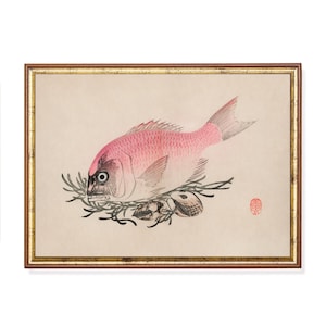 Japanese Fish Art Print – Pink Snapper Gyotaku Style Artwork, Vintage Japanese Seafood Painting, Minimalist Coastal Kitchen Decor