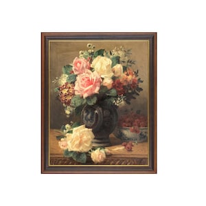 Vintage Roses Still Life Print: Antique Floral Painting