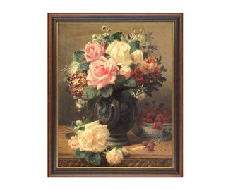 Vintage Roses Still Life Print: Antique Floral Painting