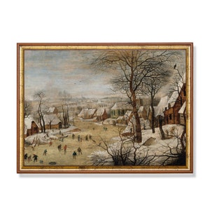 Vintage Christmas Celebrations Oil Painting Print Winter Snow Landscape Antique Art Print Horizontal Printable Wall Art Digital Download