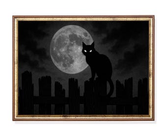 Vintage Black Cat Moon Halloween Print, Gothic Moonlight Wall Art (Digital Download)