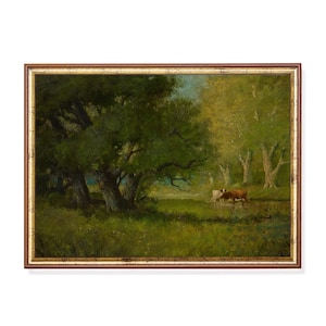 Vintage Cow Landscape Painting: Antique Country Meadow Art Print