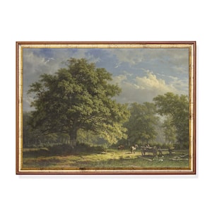Vintage Eiche Landschaftsdruck - Rustikale Landschaft Wandkunst mit Bauern & Pferden - Antikes Naturgemälde für Bauernhausdekor