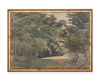 19th Century Waldweg Druck: Restaurierte Waldlandschaft, Aquarell
