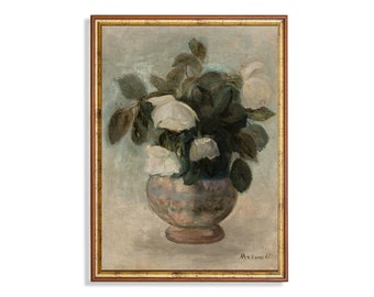 May include: An antique-style framed painting of white roses in a vase. The artwork features a muted color palette with a gold-toned frame. The vase is a soft, muted pink and the leaves are a dark green.
