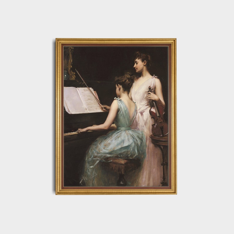 Vintage Victorian Art Print: Two Women Playing Piano and Violin - Etsy