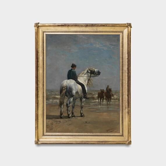 アンティークの乗馬絵画：白い馬、海岸のビーチ（デジタルダウンロード