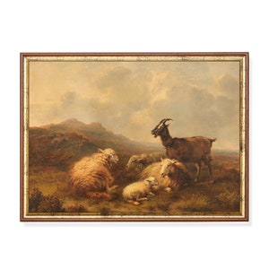 May include: A framed oil painting depicting a brown goat and four sheep in a grassy field. The goat is standing and looking to the left, while the sheep are lying down. The background is a hazy landscape with hills in the distance.
