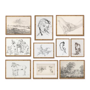 Vintage Gallery Wall | Set of 10 Prints | Neutral Decor | Antique Painting | Instant Download | Printable Wall Art | Sketch Drawing Print