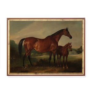 Vintage print merrie en veulen: rustieke boerderijruiterkunst (digitale download)