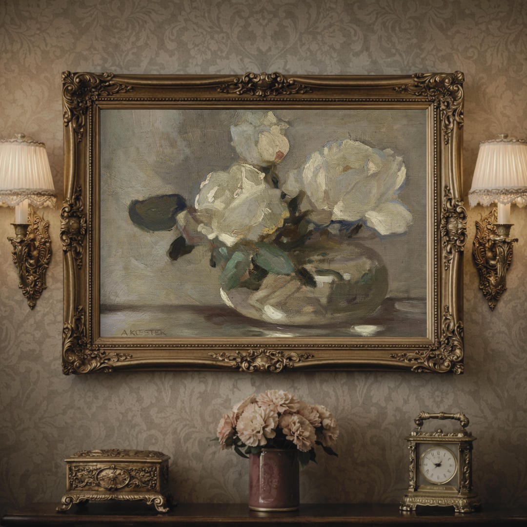 Vintage Rose Still Life Painting: Moody Farmhouse Wall Art (mailed ...