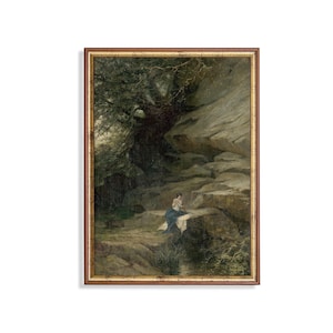 Vintage Forest Woman Art Print: Moody 19th Century Nature Painting