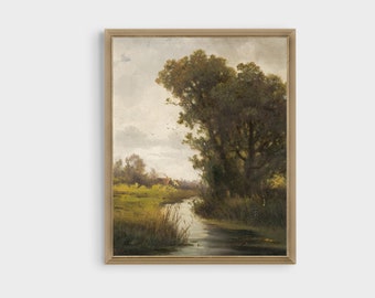Vintage River Landscape Print: Rustic Countryside Wall Art
